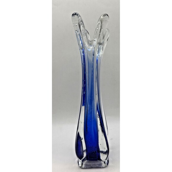 Vintage Walls flower MCM Cobalt Blue 4 Finger Swung Stretch Glass Vase 9.5” Tall - Picture 3 of 7